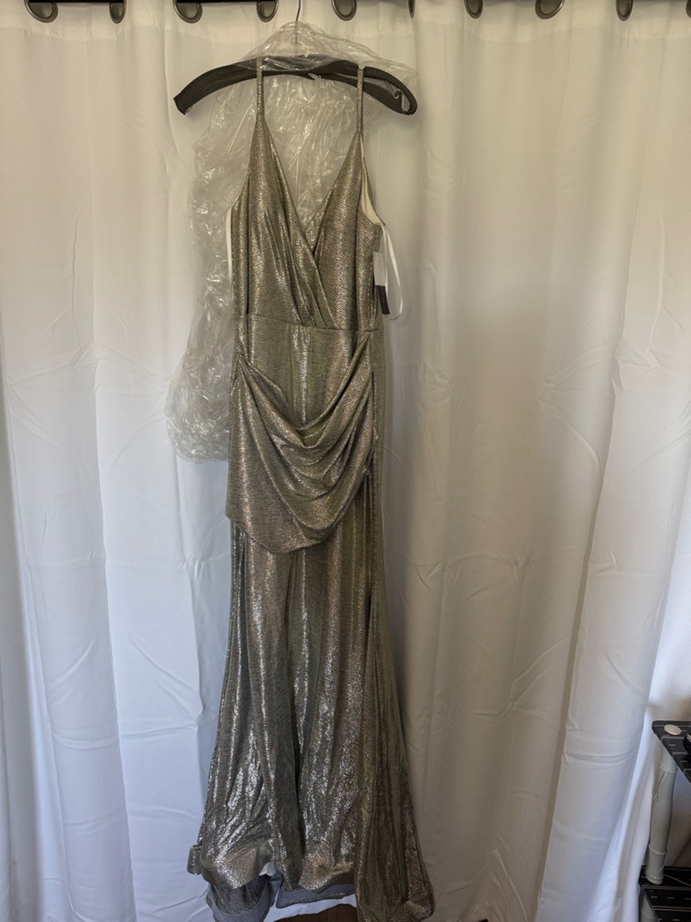 R&M satin flyaway Shimmery Metallic Draped Evening Gown - Gold